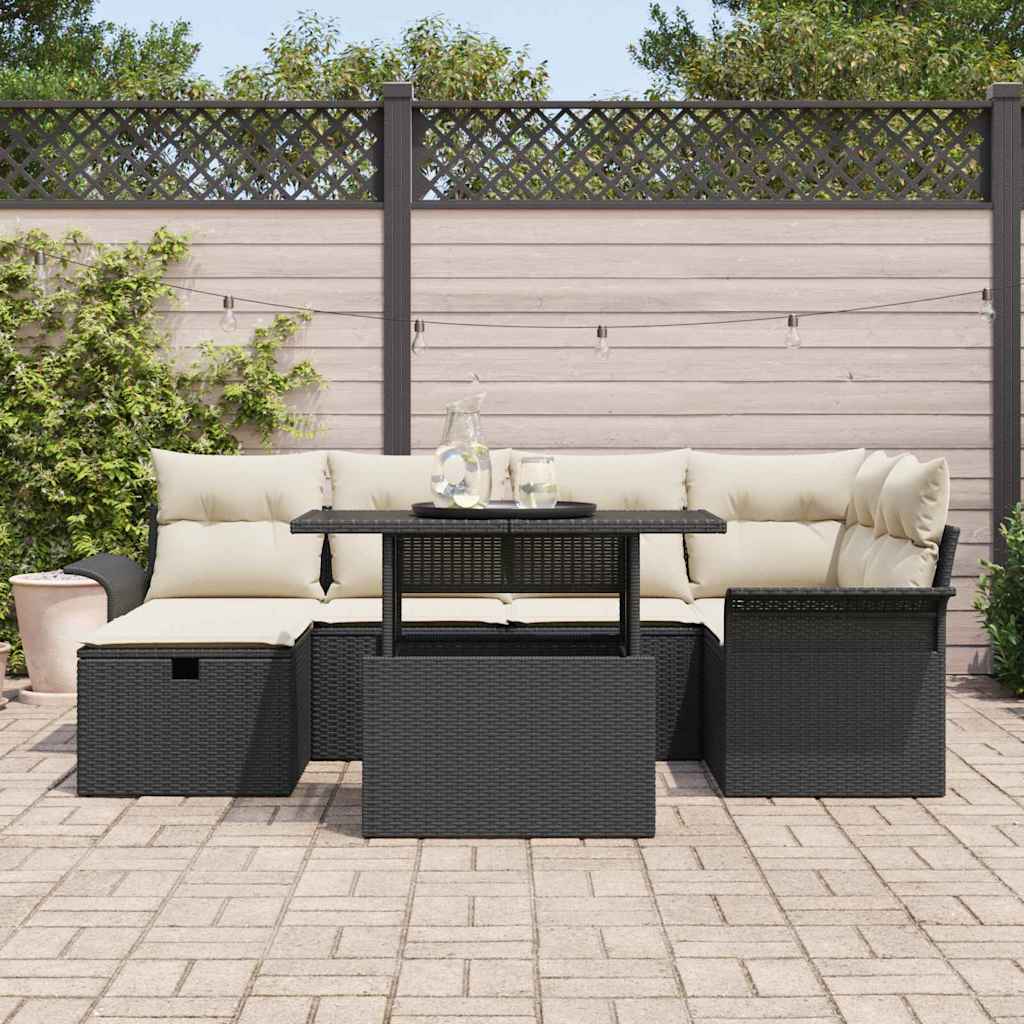 Garten-Sofa-Set mit Kissen 7 pcs Schwarz Poly Rattan